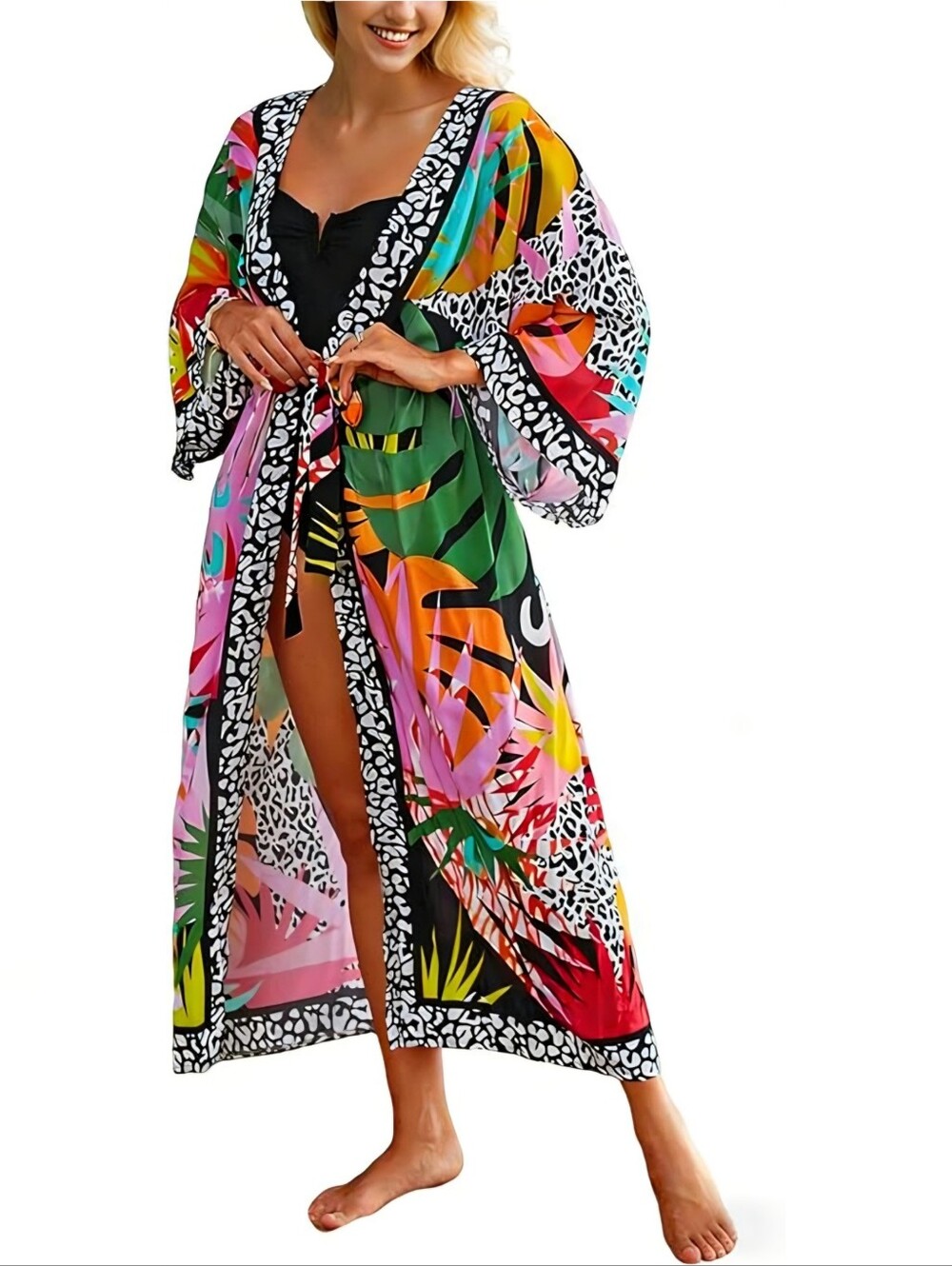 Lightweight Long, Tie Front Kimono/Swim Cover Up - Boho Print - One Size - NEW